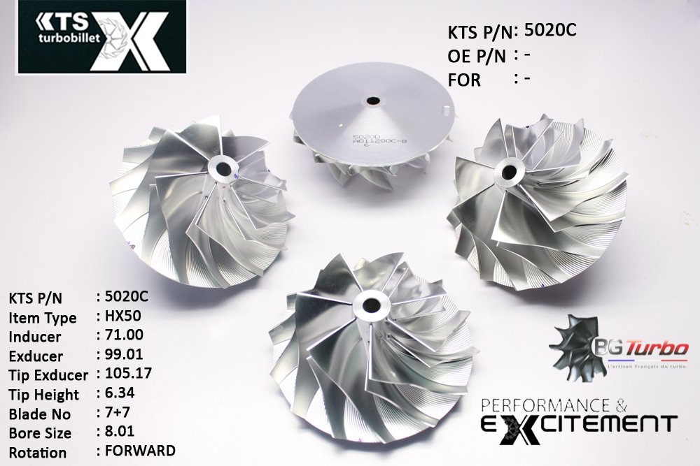 Turbo ROUE FORGÉE MFS PERFORMANCE - 7+7 PALES - INDUCER : 71 - EXDUCER : 99,01 - TYPE : HX50ANGLE : 50° - ROTATION : Forward - SUPER BACK : 6,27 - BORE SIZE : 8,01
